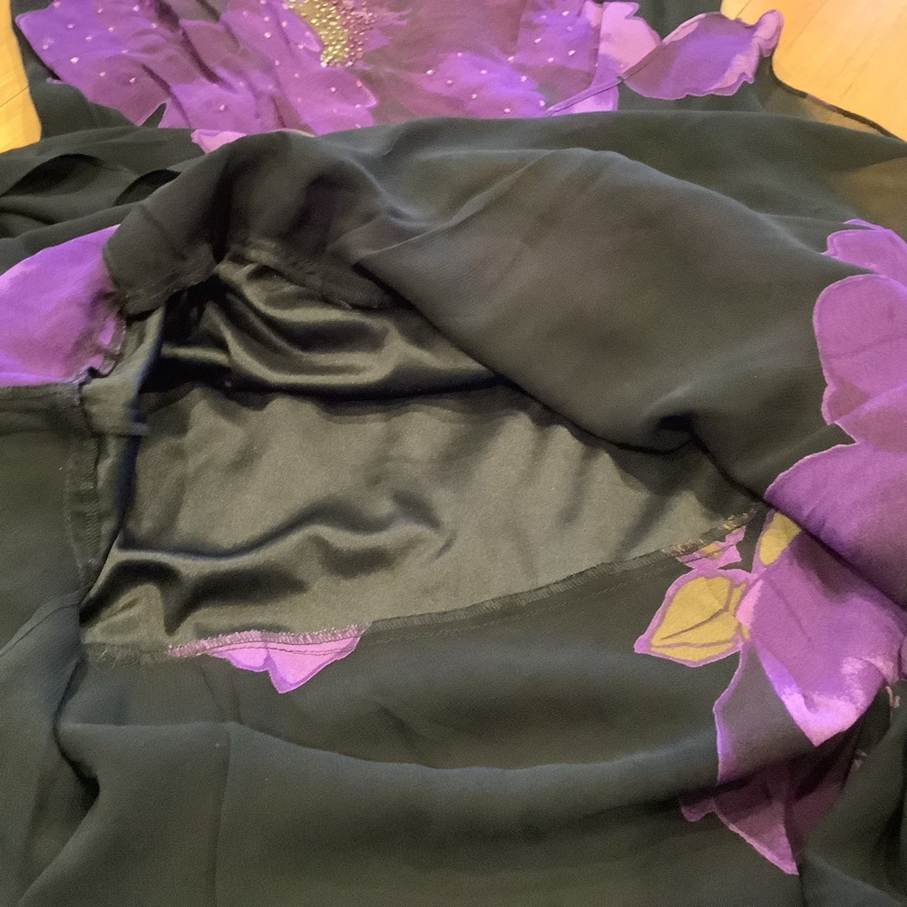 Vtg Black Purple Floral Midi Dress Size 14 Handkerchief Hem Fairy Whimsygoth - Picture 8 of 16